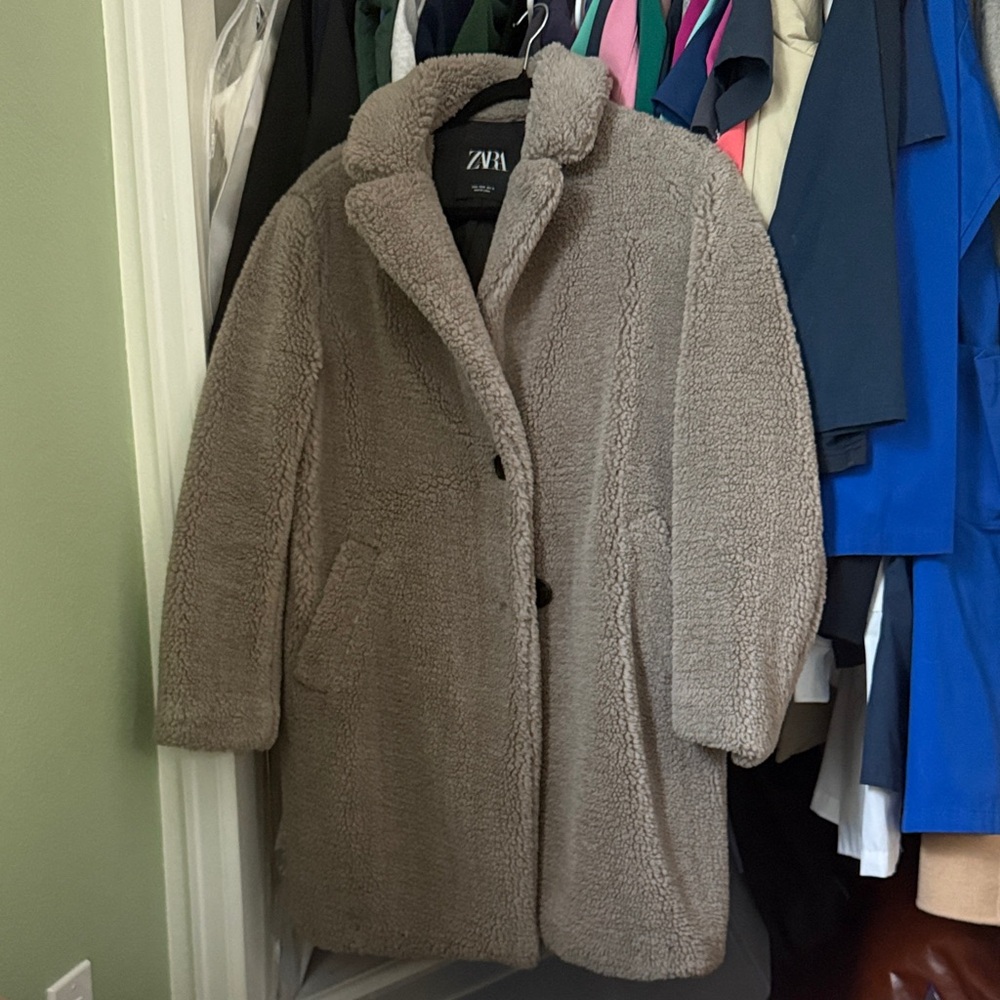 ZARA Taupe Teddy Coat - Plush Faux Shearling Women's Coat